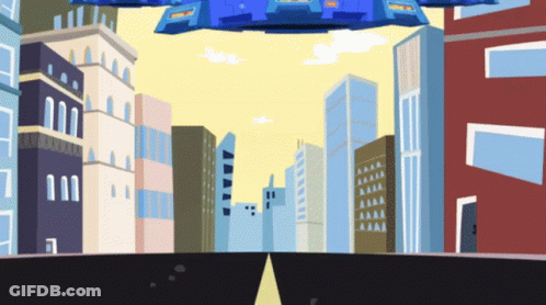 Cartoon City With Yellow Arrow Pointing Down Road GIF