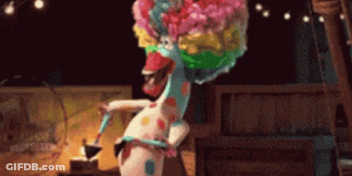Cartoon Clown Giraffe Holding Umbrella And Hammer GIF
