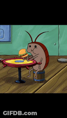 Cartoon Cockroach Sitting At Table With Hamburger GIF