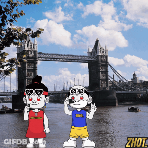 Cartoon Couple In Front Of Bridge Zhot GIF