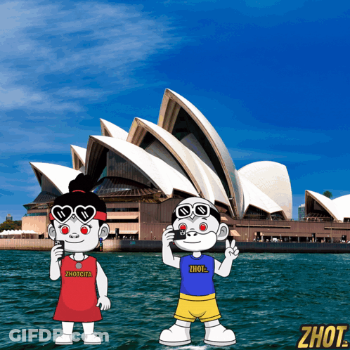Cartoon Couple In Front Of Sydney Opera House GIF