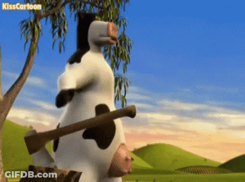 Cartoon Cow Holding Axe In Field With Kisscartoon GIF
