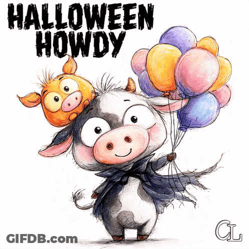 Cartoon Cow Holding Balloons Halloween Howdy GIF