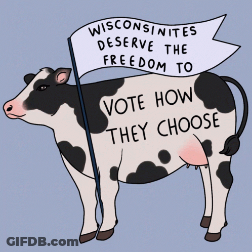Cartoon Cow Holding Sign Saying Wisconsinites Deserve The Freedom To Vote How They Choose GIF