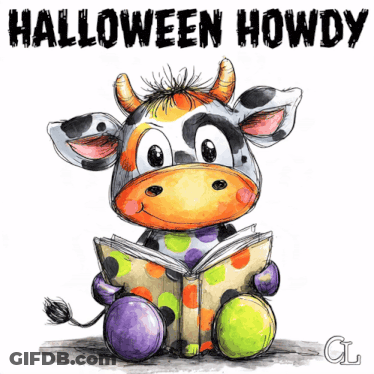 Cartoon Cow Reading Book Halloween Howdy GIF