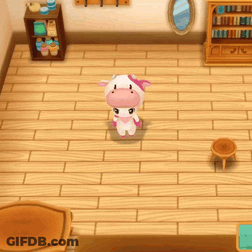 Cartoon Cow Standing On Wooden Floor GIF