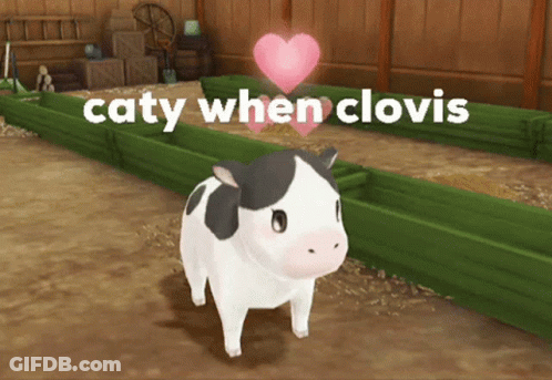 Cartoon Cow With Pink Heart And Words Caty When Clovis GIF
