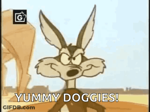 Cartoon Coyote Standing In Desert Saying Yummy Doggies GIF