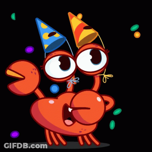 Cartoon Crab Wearing Party Hat With Letter O GIF