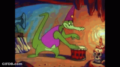 Cartoon Crocodile Playing Drum In Front Of Skull GIF