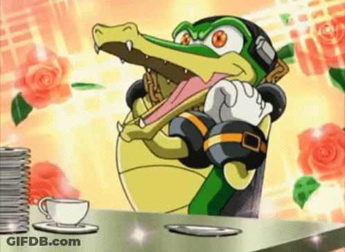 Cartoon Crocodile Sitting At Table With Coffee And Plates GIF