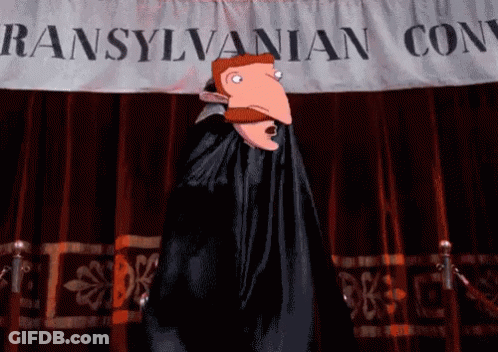 Cartoon Dancing In Front Of Transylvania Convention Banner GIF