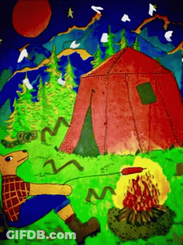 Cartoon Deer Roasting Sausage Over Campfire By Tent GIF