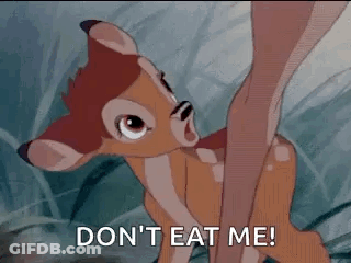 Cartoon Deer Saying Don't Eat Me Beside Woman's Leg GIF