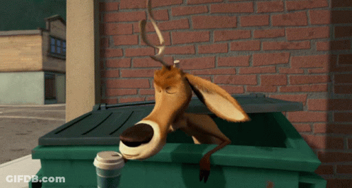 Cartoon Deer Sticking Head Out Of Green Trash Can GIF
