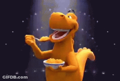 Cartoon Dinosaur Holding Bowl Of Food GIF