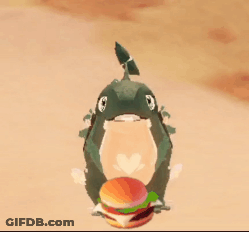Cartoon Dinosaur Holding Hamburger In Desert GIF