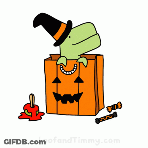 Cartoon Dinosaur In Witch Hat Coming Out Of Halloween Bag GIF