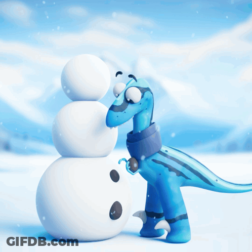 Cartoon Dinosaur Next To Snowman GIF