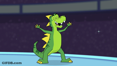 Cartoon Dinosaur On Stage Arms In Air GIF