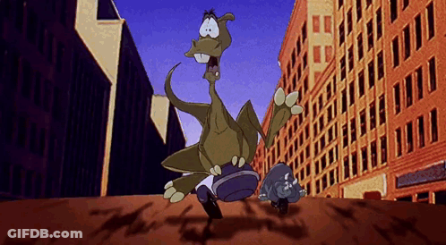 Cartoon Dinosaur Running Down City Street GIF