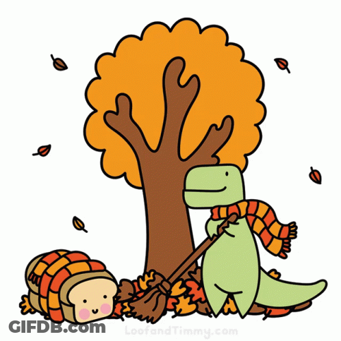 Cartoon Dinosaur Wearing Scarf Beside Tree GIF