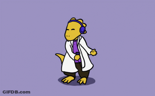 Cartoon Dinosaur With Headphones And Lab Coat GIF