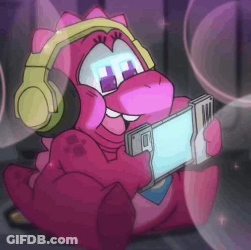 Cartoon Dinosaur With Headphones Holding Video Game GIF