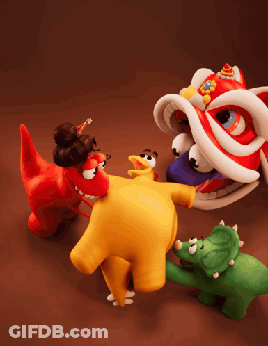 Cartoon Dinosaurs Standing Around Lion GIF