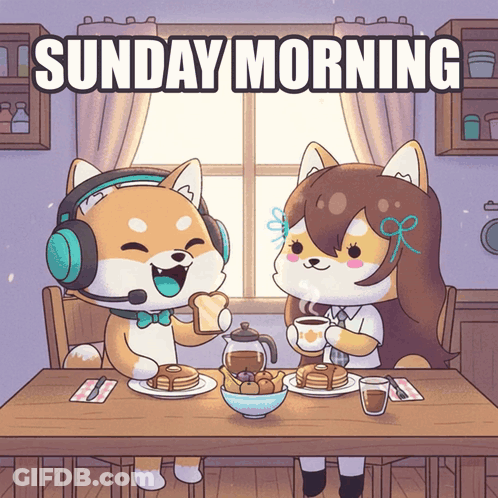 Cartoon Dog And Girl Sitting At Table Sunday Morning GIF