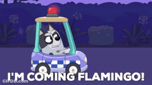 Cartoon Dog Driving Police Car Saying I'm Coming Flamingo GIF
