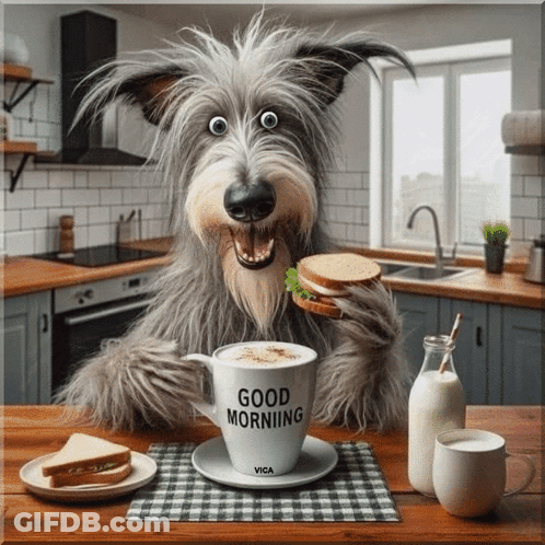 Cartoon Dog Eating Sandwich And Drinking Coffee GIF