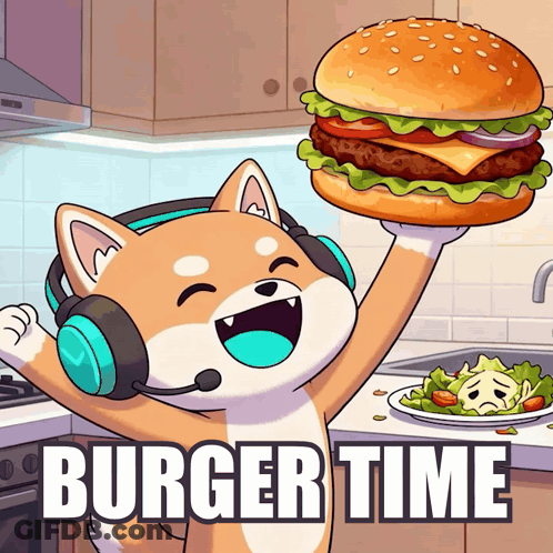 Cartoon Dog Headphones Holding Hamburger Saying Burger Time GIF