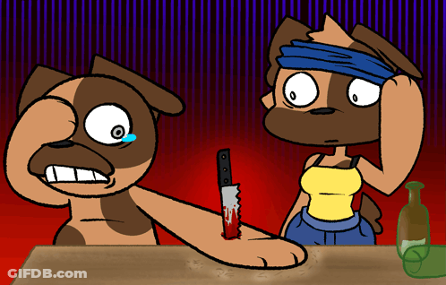 Cartoon Dog Holding Bloody Knife With Woman GIF