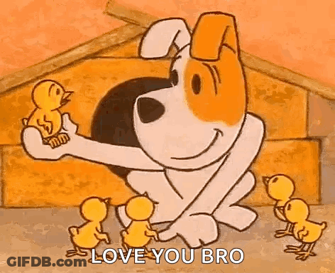 Cartoon Dog Holding Duck With Three Ducklings GIF