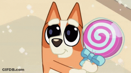 Cartoon Dog Holding Pink And White Lollipop With Blue Bow GIF
