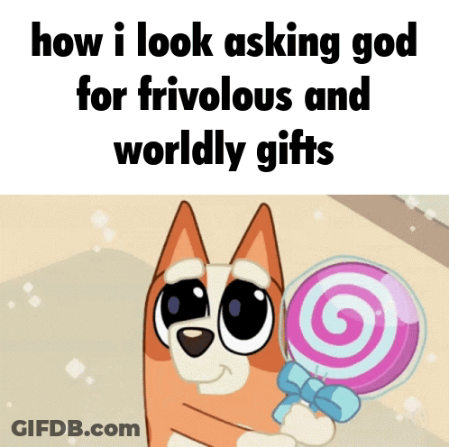 Cartoon Dog Holding Pink Lollipop Asking God GIF