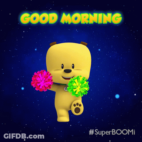 Cartoon Dog Holding Pom Poms Saying Good Morning GIF