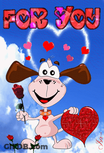 Cartoon Dog Holding Rose And Heart For You GIF