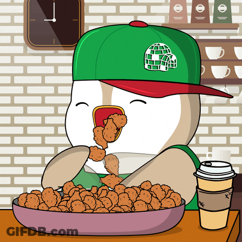 Cartoon Dog In Green Hat Eating Fried Chicken GIF