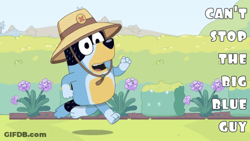 Cartoon Dog In Hat And Sunglasses Says Can't Stop The Big Blue Guy GIF
