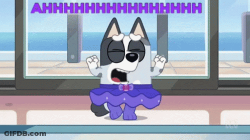 Cartoon Dog In Purple Skirt Says Ahhhh GIF