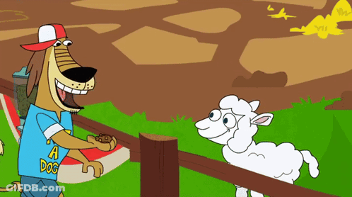 Cartoon Dog In Shirt Next To Sheep GIF