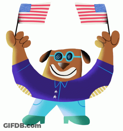 Cartoon Dog In Sunglasses Holding Two American Flags GIF