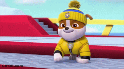 Cartoon Dog In Yellow Hat And Jacket On Ramp GIF