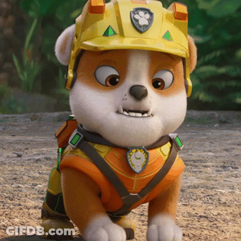 Cartoon Dog In Yellow Helmet With Paw Patrol Emblem GIF
