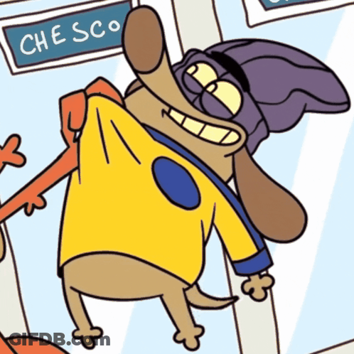 Cartoon Dog In Yellow Shirt And Purple Hat GIF