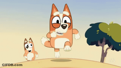 Cartoon Dog Jumping While Two Dogs Watch GIF