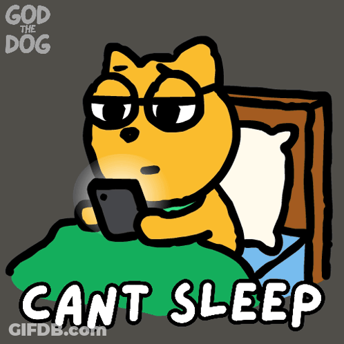 Cartoon Dog Laying In Bed Looking At Phone Saying Cant Sleep GIF