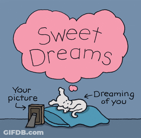 Cartoon Dog Laying On Bed With Sweet Dreams Thought Bubble GIF